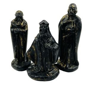 Vtg‎ Three Wisemen Wax Figurines Black with Gold Paint Christmas Nativity Kings